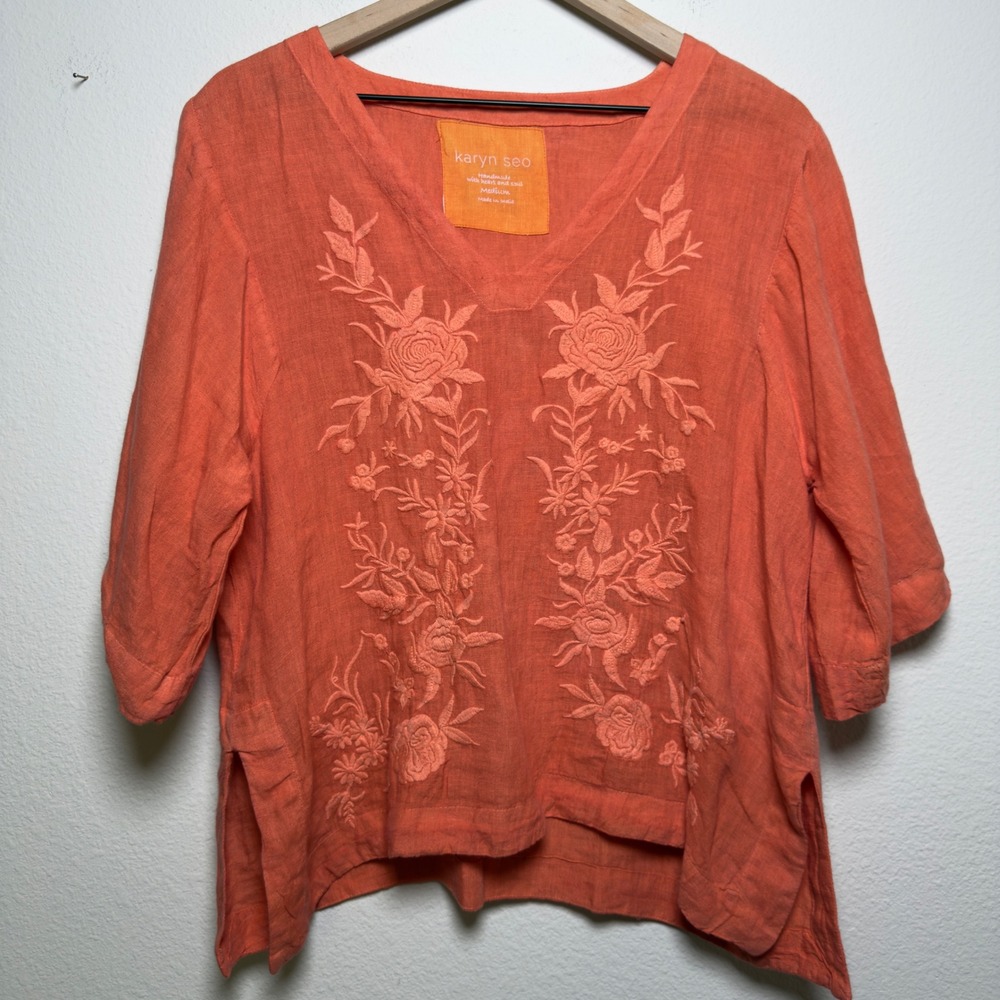 Karyn Seo Women 100% Linen Top Medium Orange Embroidered Floral Boho Lagenlook